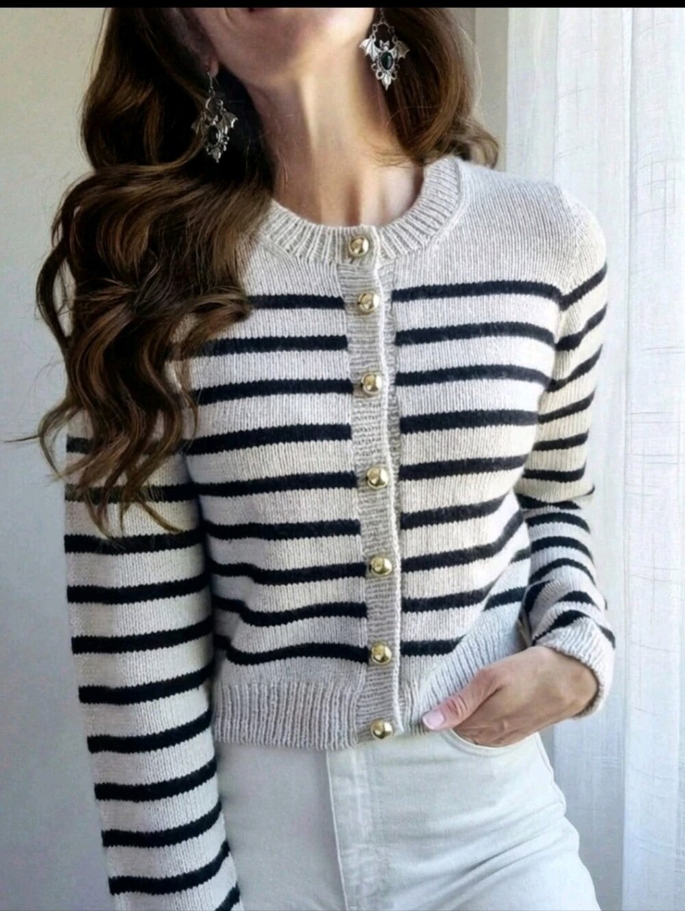 Gold-Button Striped Crewneck Cardigan - Light Gray & Black - Picture 10 of 12